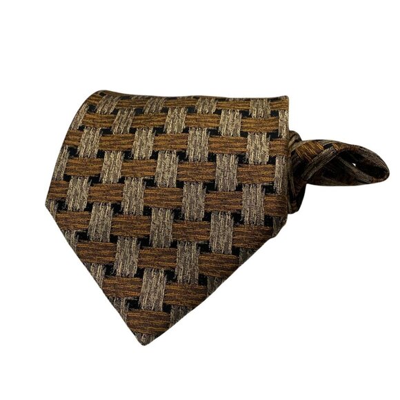 Kenneth Cole New York 100% Silk Handmade Gold & Black Basketweave Print Tie #222 - Picture 2 of 6